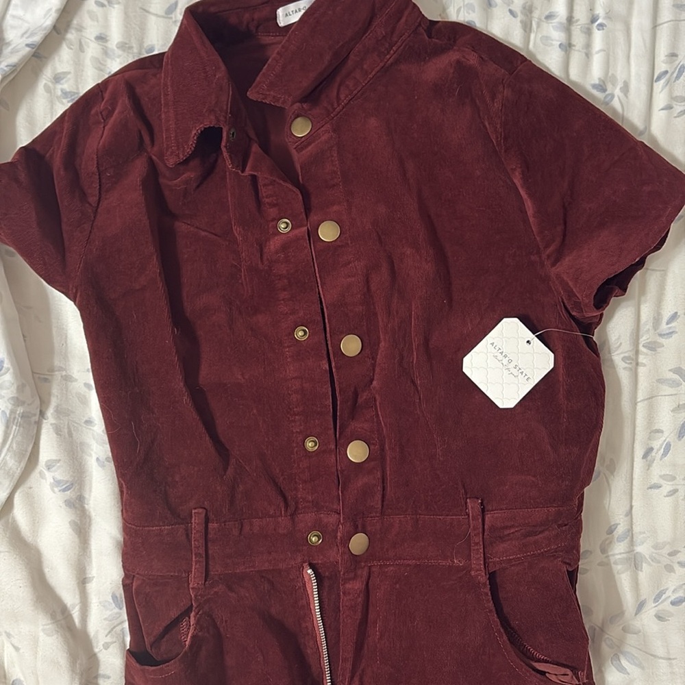 Altar'd State Red Corduroy Jumpsuit with Wide-Leg Design